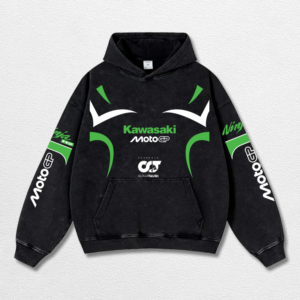 Retro Thunder Alphatauri Kawasaki Ninja H2 Racing Washed Hoodie MotoGP World Champion Enthusiast Apparel  – image 3