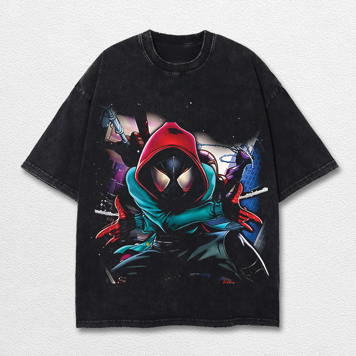 Miles Morales Spider-Verse Hero Comic Double Printed Oversize Lightweight Acid Washed Tee, Character Marr – image 3