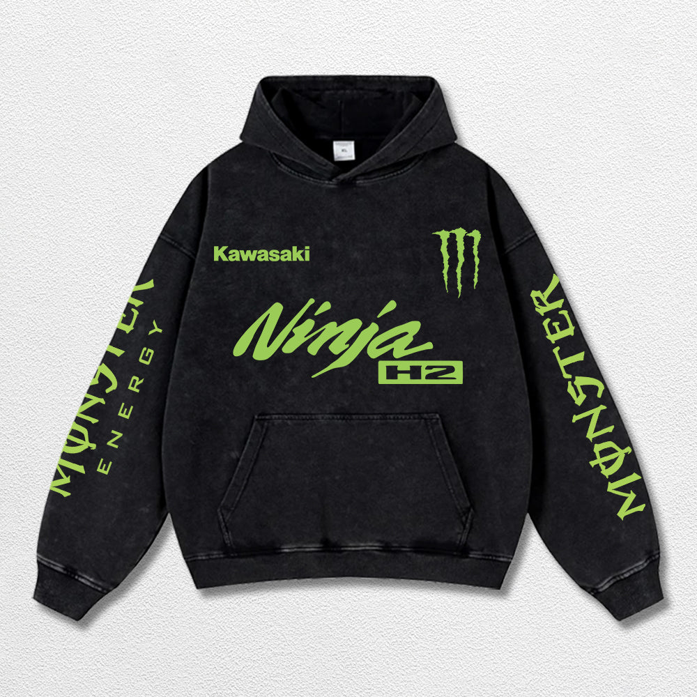 Retro Monster Energy Kawasaki H2 Racing Washed Hoodie MotoGP World Champion Enthusiast Apparel Streetwear – image 3