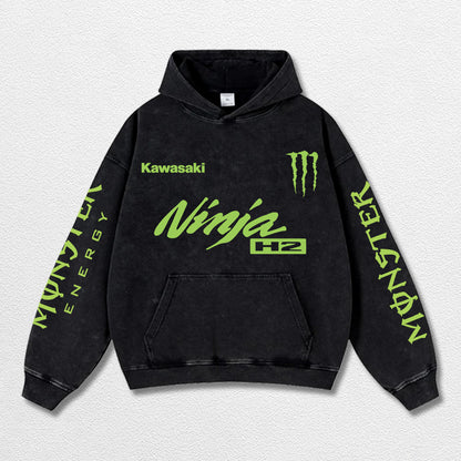 Retro Monster Energy Kawasaki H2 Racing Washed Hoodie MotoGP World Champion Enthusiast Apparel Streetwear – image 3