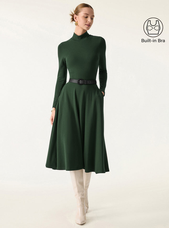 Mockneck Midi Built-In Bra Dress with Pockets