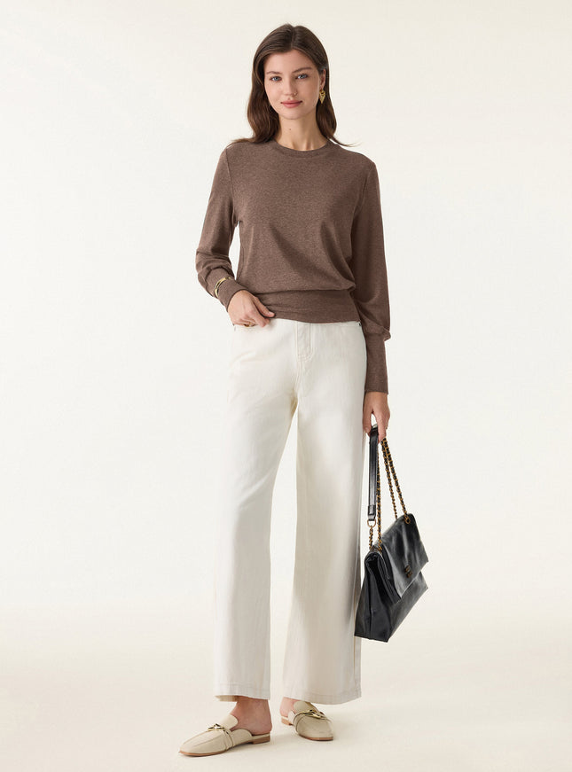 Elevated Crewneck Brushed Built-In Bra Top with Banded Hem