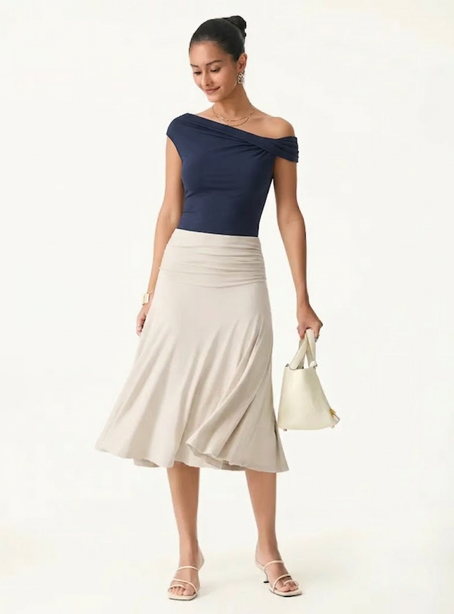 2Pcs Set Multi-wear Built-In Bra Top & Side Ruched A-line Midi Skirt
