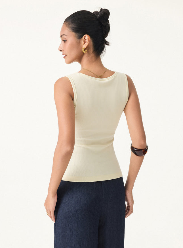 Stretch Cotton Pointelle V-neck Sleeveless Built-In Bra Tank