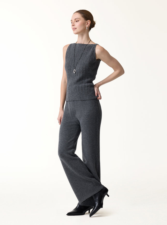 2Pcs Set Sleeveless Cable-Knit Sweater Tank & Drawstring Wide-Leg Knit Pants