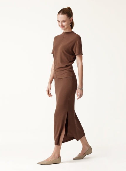 2Pcs Set Mock Neck Cap Sleeve Seamed Top & Mid-Rise Column Midi Skirt