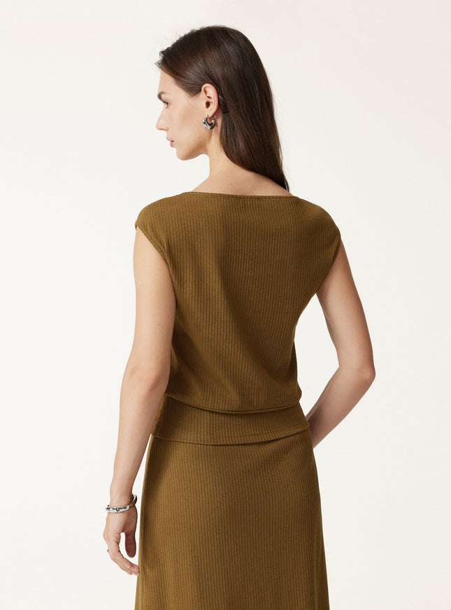 Textured Cotton Blend Boatneck Sleeveless Banded Hem Top