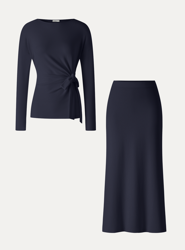 2Pcs Set Boatneck Long Sleeve Top & Mid-Rise Side-Slit Column Midi Skirt