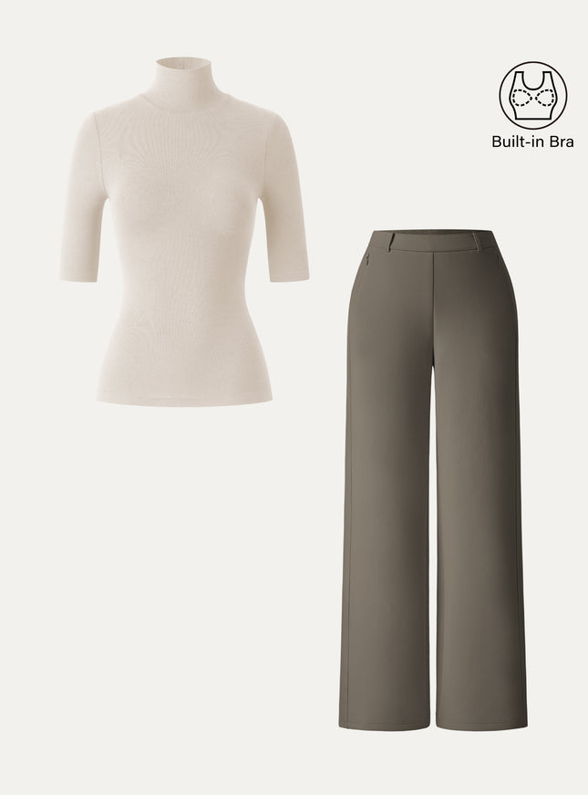 2Pcs Set Turtleneck Built-In Bra Tops & High Rise Wide Leg Pant