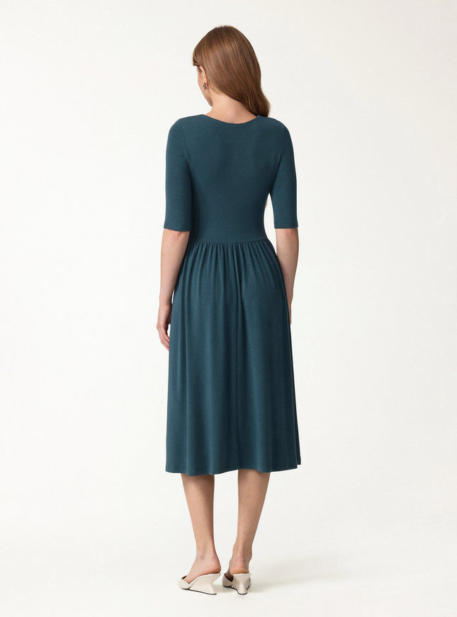 Round Neck Fit-and-Flare Midi Built-In Bra Dress with Pockets