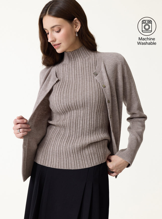 2Pcs Set 100% Merino Wool Long Sleeve Cardigan & Mock Neck Sweater