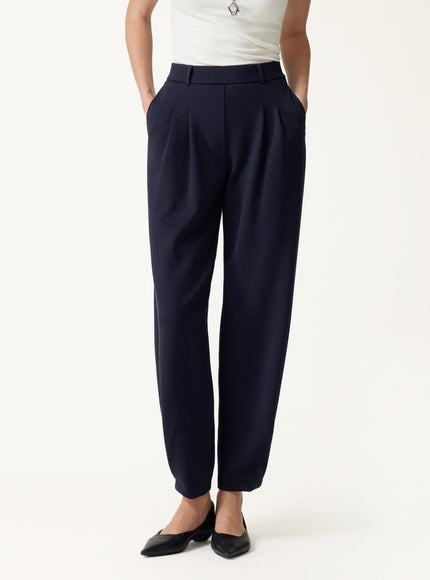 Stretch Ponte High-Rise Ankle Tapered Tuck Pants with Pockets
