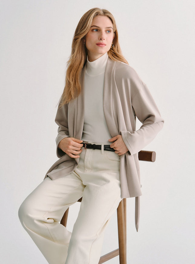 Modal Stretch Fleece Crossover Belted Wrap Cardigan Coat with Pockets