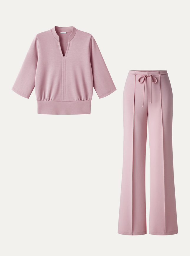 2Pcs Set V-Neck Elbow Sleeve Bam Top & High-Rise Flare Pants with Pockets