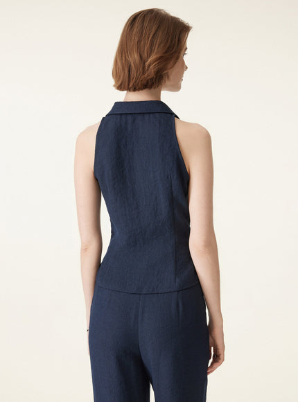 Collared V-neck Pleated Sleeveless Top with Drawstring