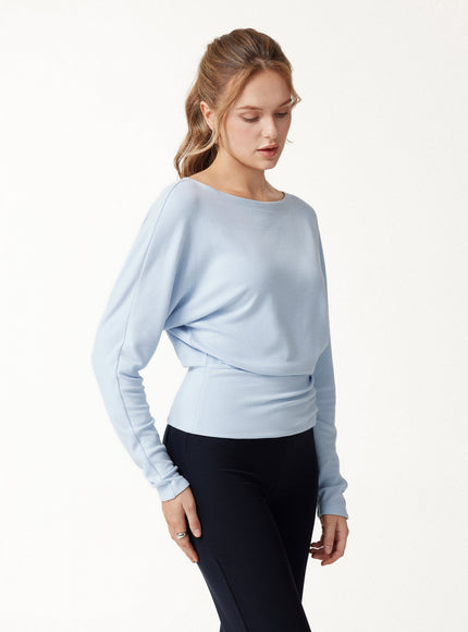 Slash Neck Batwing Sleeve Ruched Banded Hem Top
