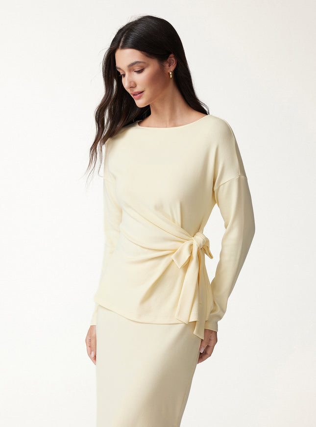 Boatneck Long Sleeve Tie-Waist Top