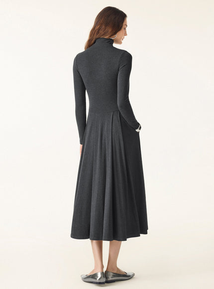 Mockneck Pleated Midi Built-In Bra Dress with Pockets