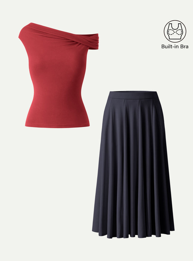 2Pcs Set Multi-wear Built-In Bra Top & Volume Skirt with Pockets