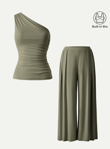 2Pcs Set Regular Wide Leg Palazzo Pant with Pockets & Ruched Built-In Bra Tank