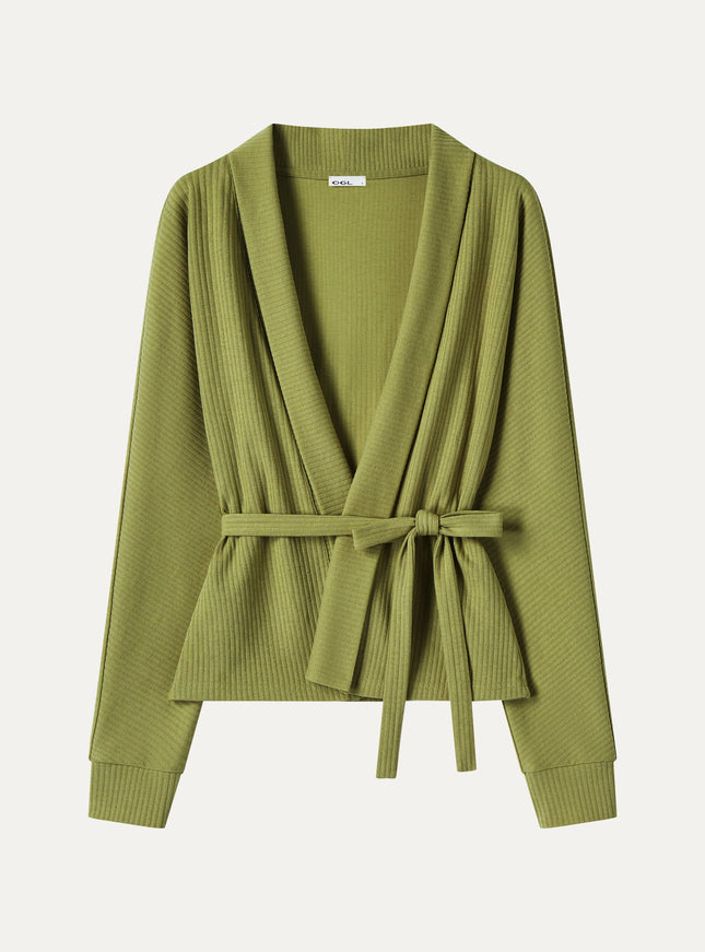 Textured Cotton Blend Lapel Belted Open-Front Jacket