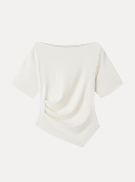 Cotton Blend Boatneck Elbow Sleeve Asymmetrical Tucked Top