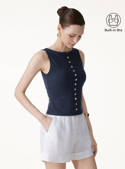 Cotton-Linen Boatneck Cropped Built-In Bra Top