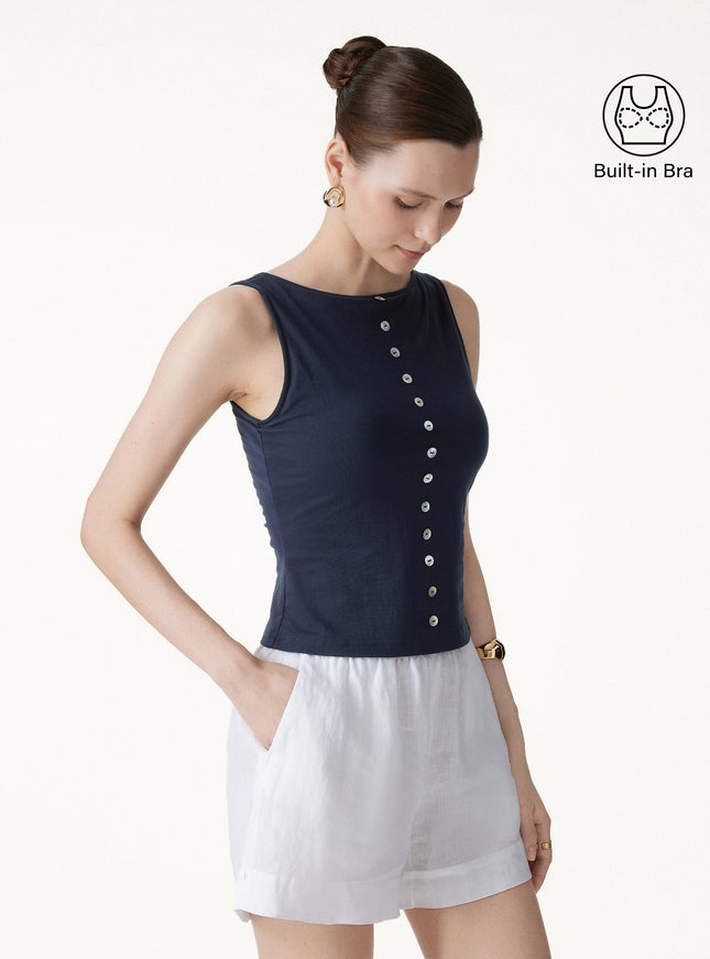Cotton-Linen Boatneck Cropped Built-In Bra Top