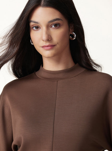 2Pcs Set Mock Neck Batwing Sleeve Top & High-Rise Wide-Leg Pants with Pockets