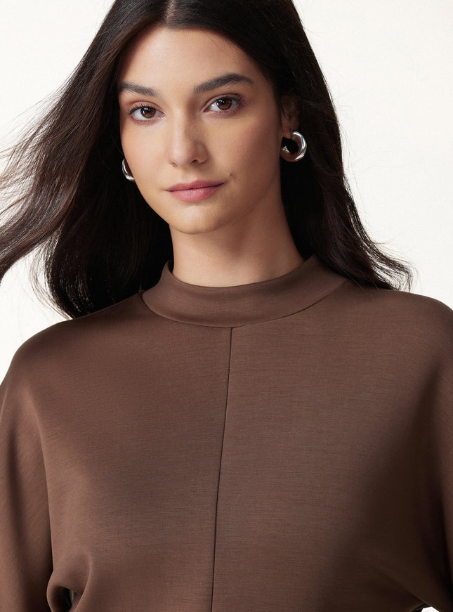 2Pcs Set Mock Neck Batwing Sleeve Top & High-Rise Wide-Leg Pants with Pockets