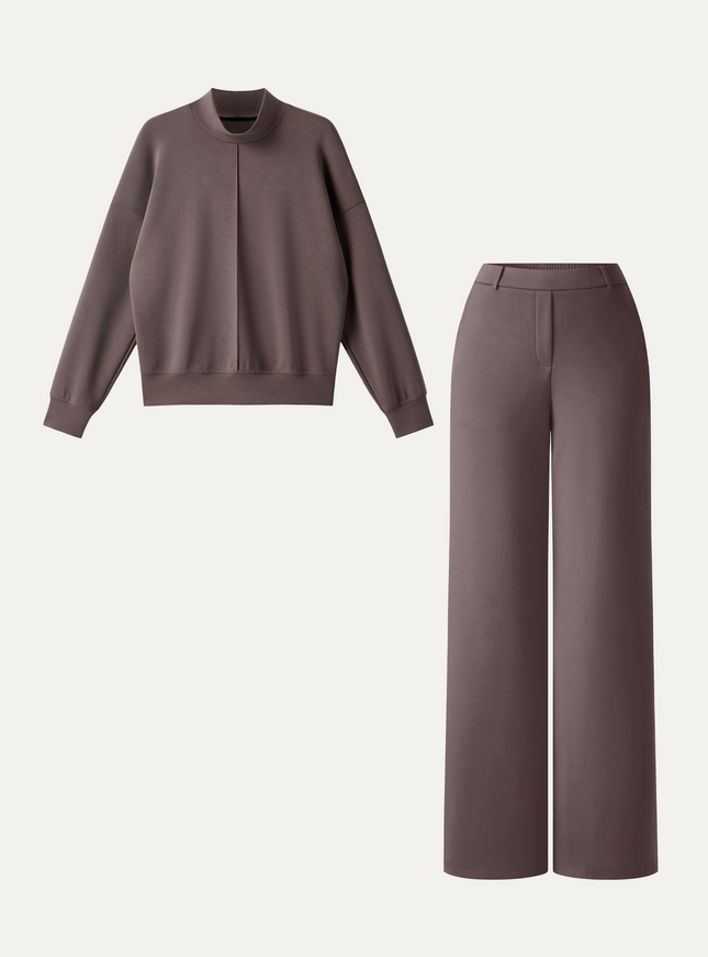 2Pcs Set Mockneck Long Sleeve Shirt & High-Rise Wide Leg Pants with Pockets