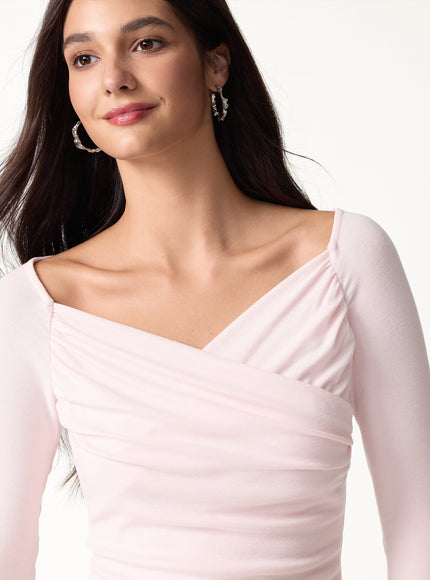 2Pcs Set Surplice Long Sleeve Ruched Top & A-Line Midi Skirt