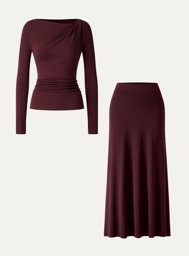 2Pcs Set Asymmetrical Neck Ruched Top & High-Rise A-Line Maxi Skirt
