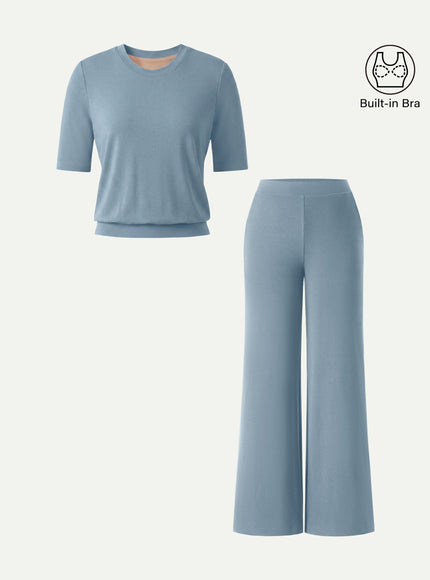 2Pcs Set Petite Wide Leg Pant with Pockets & Crewneck Built-In Bra Top