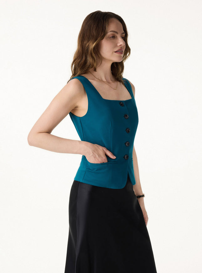 Stretch Ponte Square Neck Cropped Waistcoat with Pockets