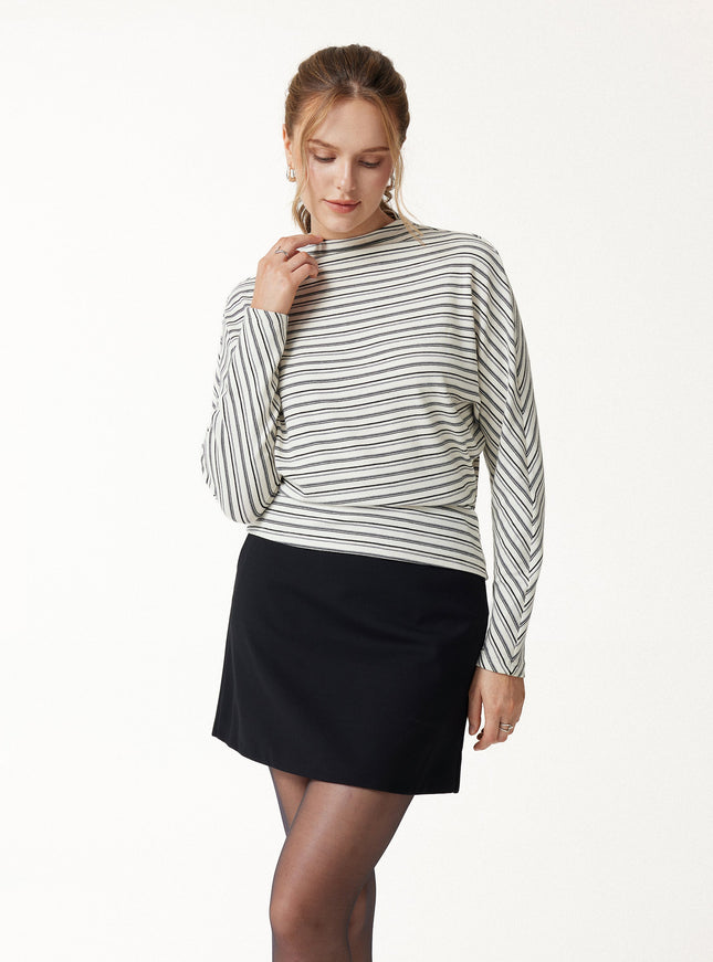 Stripe Mock Neck Batwing Sleeve Top