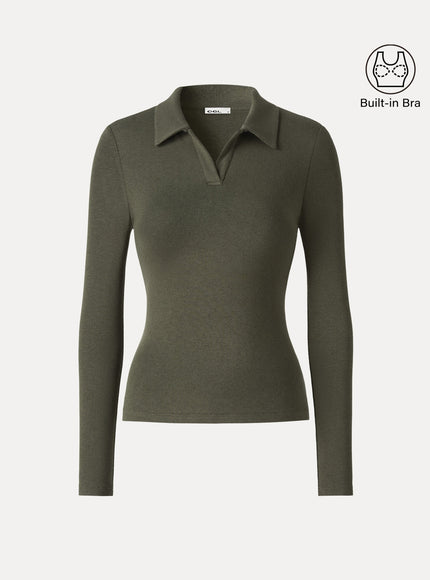 Office Staple V-Neck Lapel Long Sleeve Built-In Bra Top