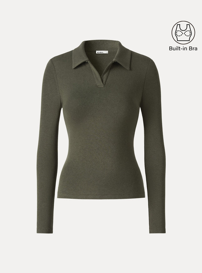 Office Staple V-Neck Lapel Long Sleeve Built-In Bra Top