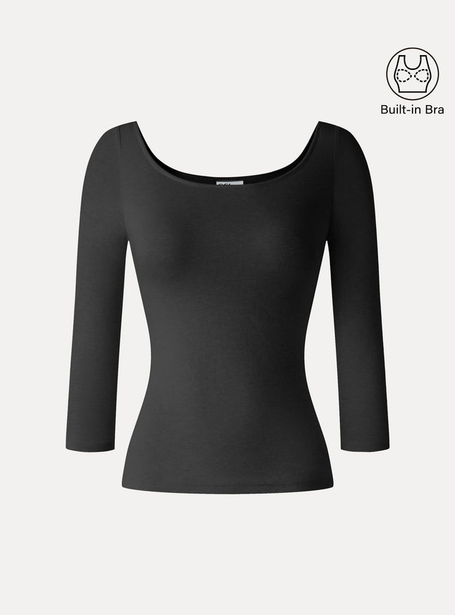 Lyocell-Wool Knit Scoop Neck 3/4 Sleeve Built-In Bra Top