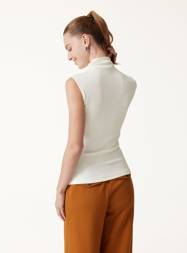 Mock Neck Sleeveless Ruched Built-In Bra Top