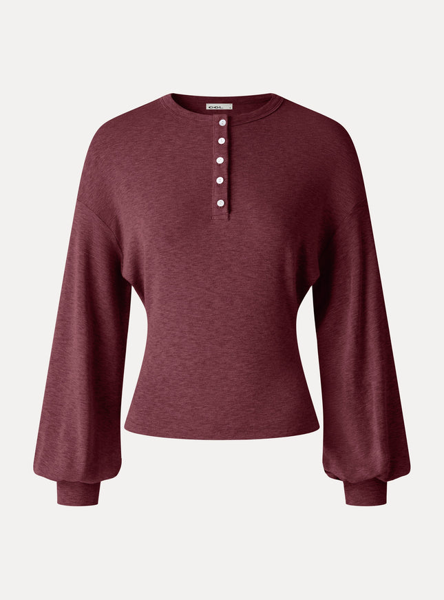 Slub Ribbed Henley Neck Batwing Sleeve Close-Fit Hem Top