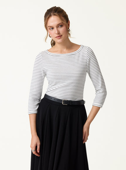 Striped Parisian Boatneck 3/4 Sleeve Built-In Bra Top