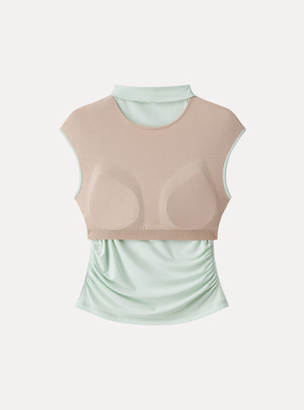 Mockneck Ruched Cropped Built-In Bra Top