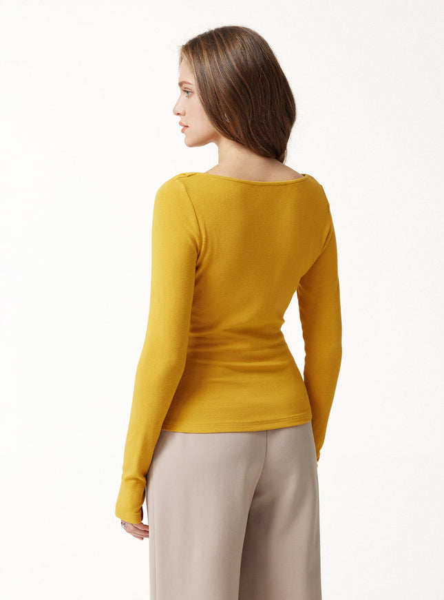 Asymmetrical Neck Long Sleeve Ruched Top