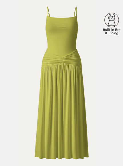 Not-See-Thru Spaghetti Gathered Maxi Built-In Bra Dress