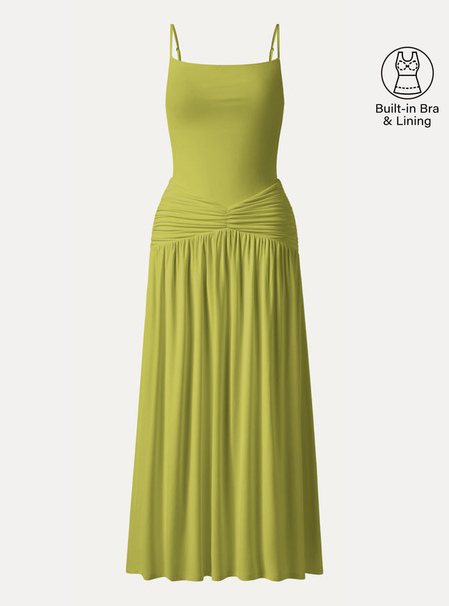 Not-See-Thru Spaghetti Gathered Maxi Built-In Bra Dress