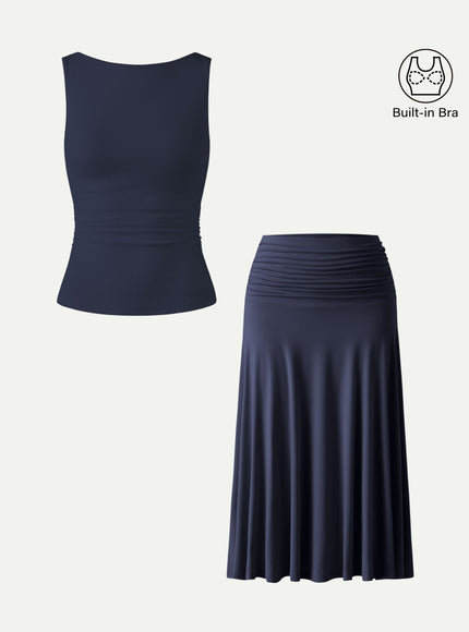 2Pcs Set Open Back Built-In Bra Tank & Side Ruched A-line Midi Skirt