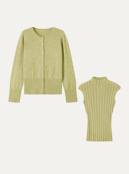 2Pcs Set 100% Merino Wool Long Sleeve Cardigan & Mock Neck Sweater