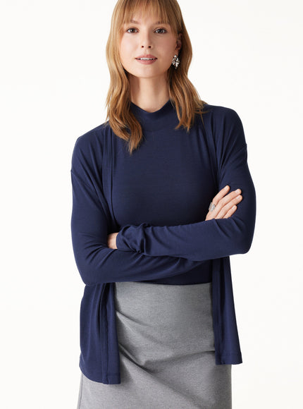 2Pcs Set Mock Neck Built-In Bra Top & Open-Front Long Sleeve Cardigan