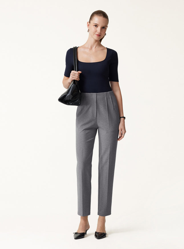 Ponte Mid-Rise Ankled Tapered Tuck Pants with Pockets